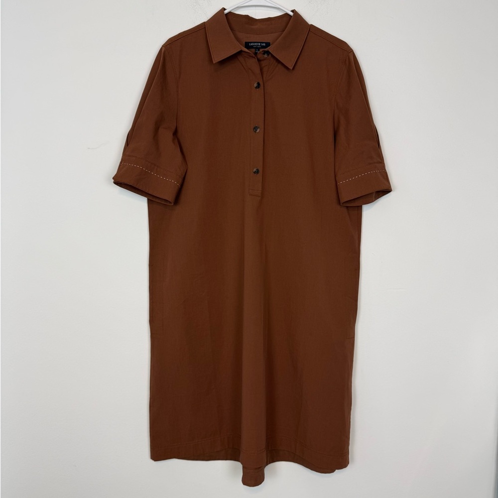 Lafayette 148 Conroy Classic Stretch Cotton Shirtdress in Brown. Size Large.